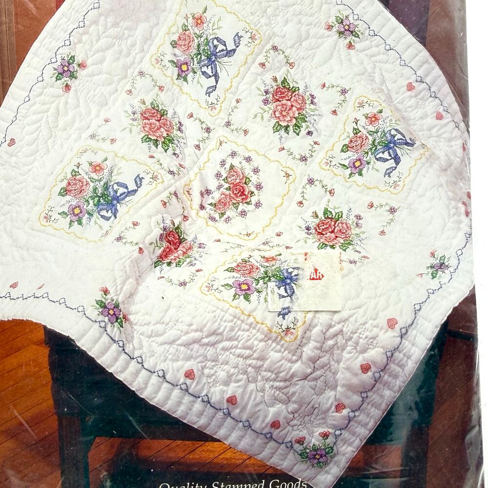 Vintage Bucilla Floral Fragrance Lap Quilt Printed Cross Stitch Fabric Only 45”